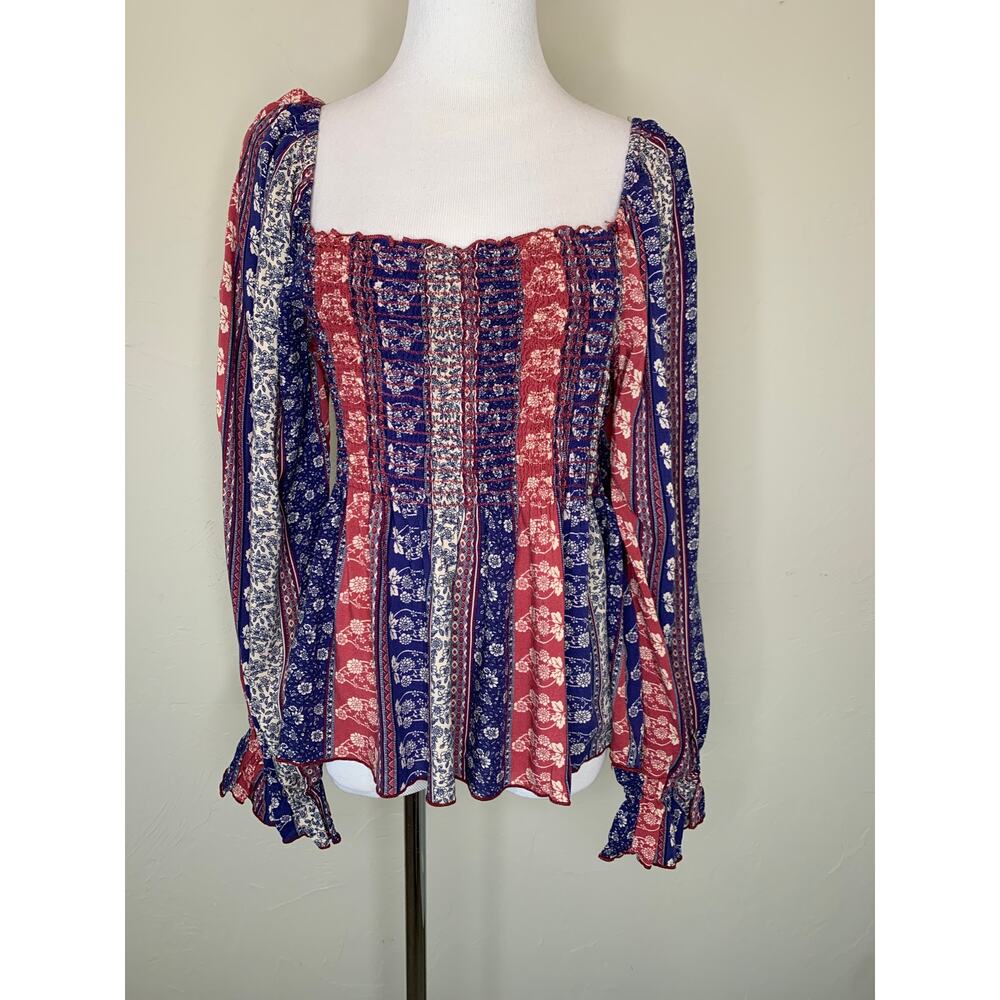 Sugarfox Boho Puff Sleeve Striped Floral Blouse Sz 1X